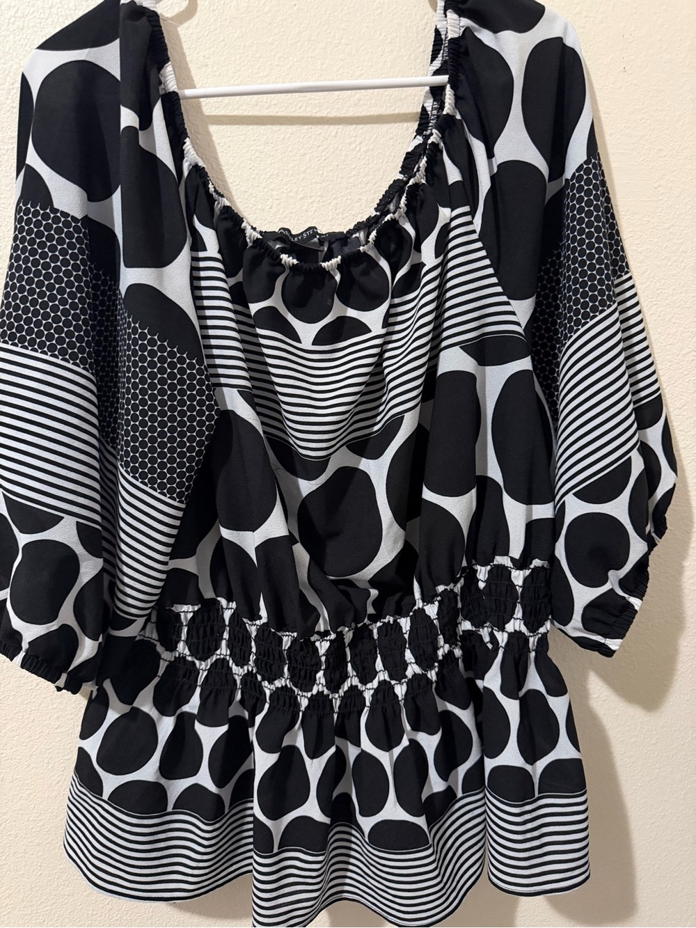 Ashley Sewart Printed Blose Plus size White Polka Dot Peasant Top